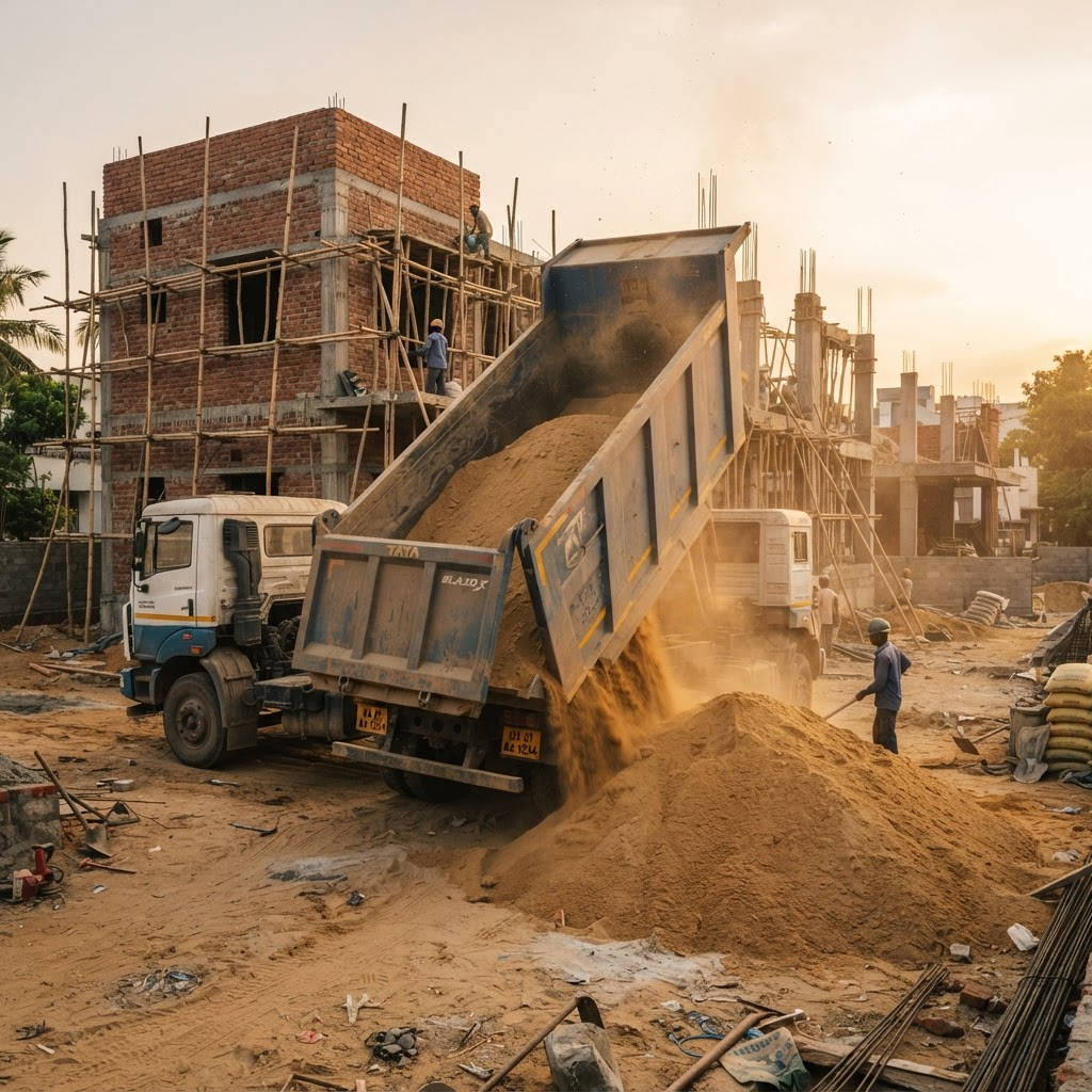 Tipper truck unloading construction sand at a home construction site