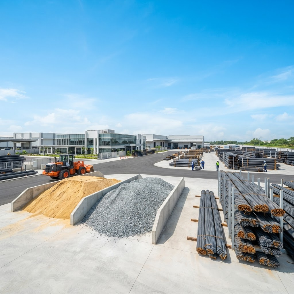 Clean, organized construction materials supply yard with sand, stone crush ,TMT steel bars, cement and bricks under a bright sky